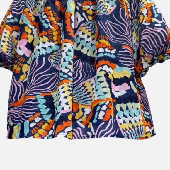 Entro Boho Ruffle V-Neck Colorful Abstract Print Puff Sleeves Blouse (Size S) - Picture 6 of 13